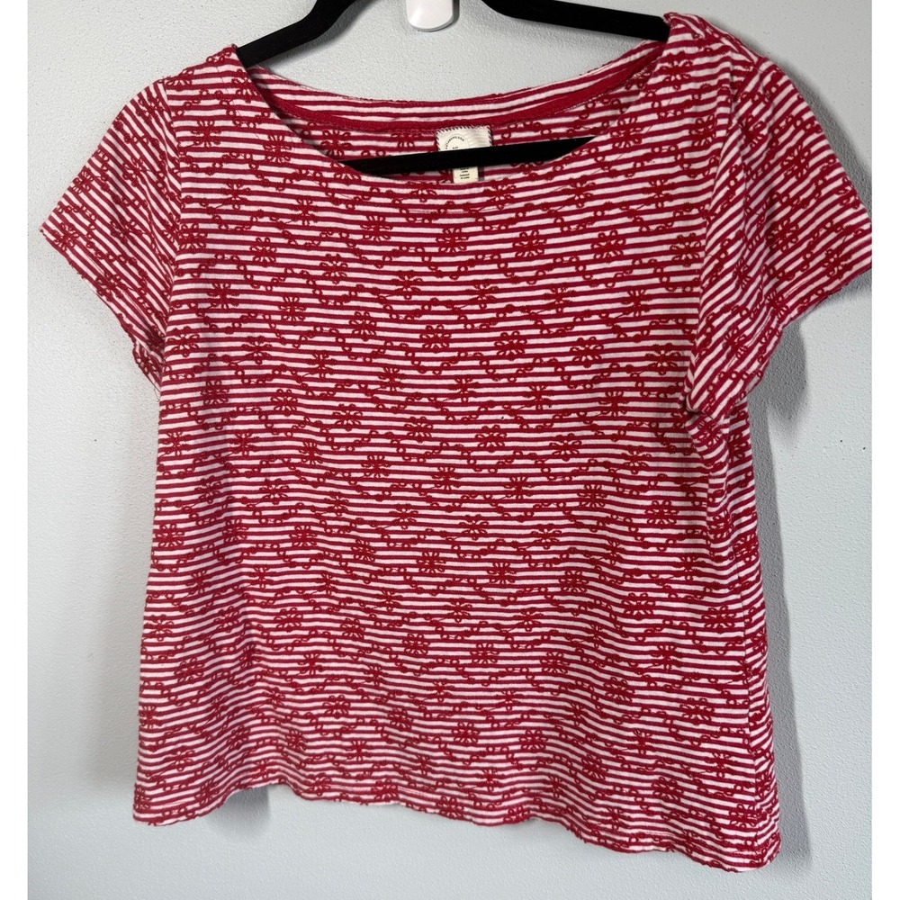 Anthropologie Women Top Size M Red Striped Floral Embroidered Eyelet Textured